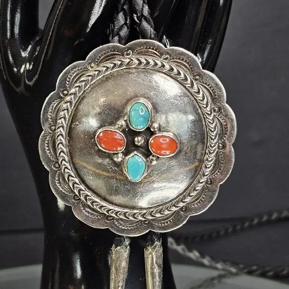 Navajo Turquoise And Coral Sterling Silver Bolo Tie Native American Vintage - Picture 2 of 11